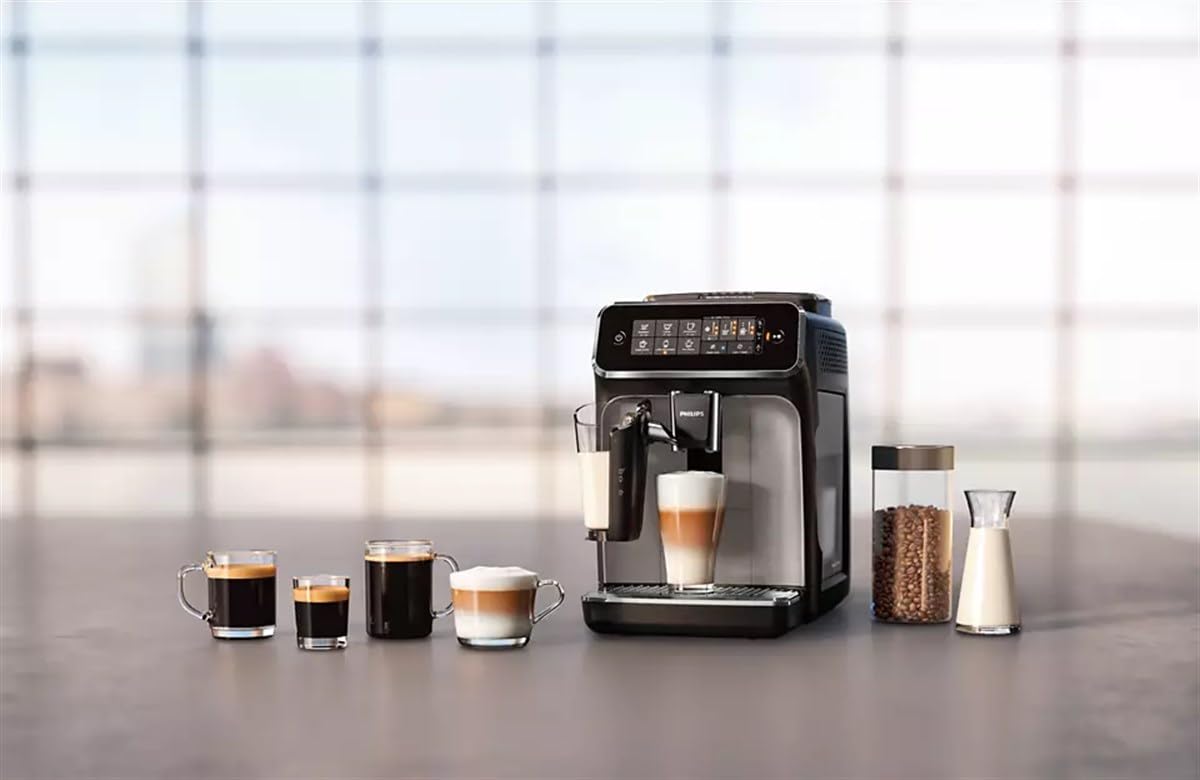 Philips Series 3200 Kaffeevollautomat – LatteGo Milchsystem, 5 Kaffeespezialitäten, Intuitives Touchdisplay, Silber (EP3246/70)