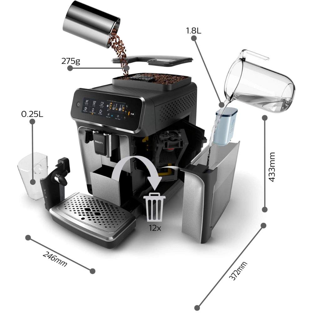 Philips Series 3200 Kaffeevollautomat – LatteGo Milchsystem, 5 Kaffeespezialitäten, Intuitives Touchdisplay, Silber (EP3246/70)