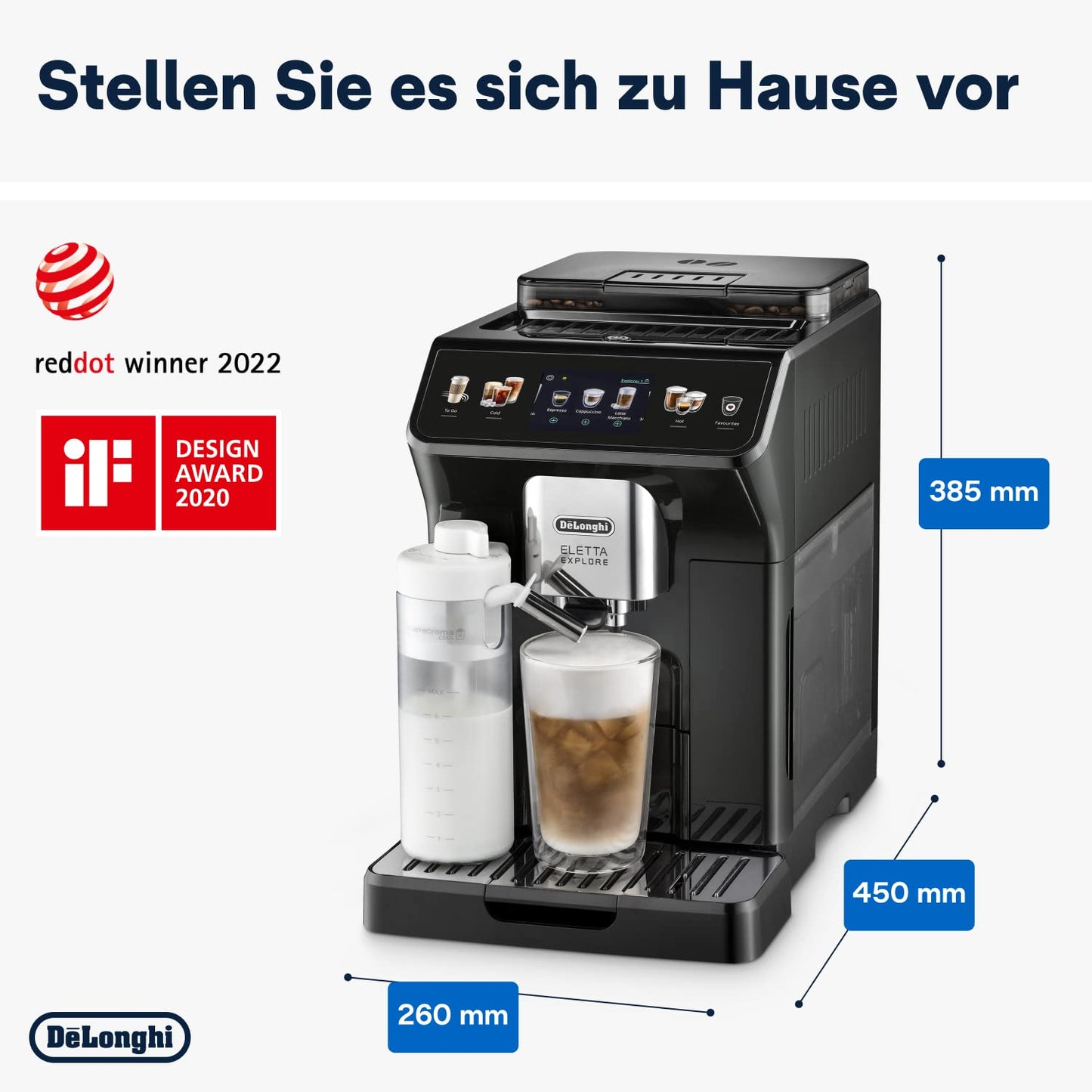 De'Longhi Eletta Explore ECAM452.67.G Kaffeevollautomat mit LatteCrema, Heiße & Kalte Getränke, 3,5" TFT Touchscreen, inkl. Kaffeekanne, Dunkelgrau