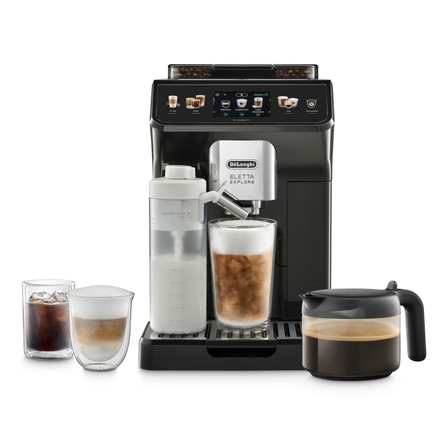 De'Longhi Eletta Explore ECAM452.67.G Kaffeevollautomat mit LatteCrema, Heiße & Kalte Getränke, 3,5" TFT Touchscreen, inkl. Kaffeekanne, Dunkelgrau