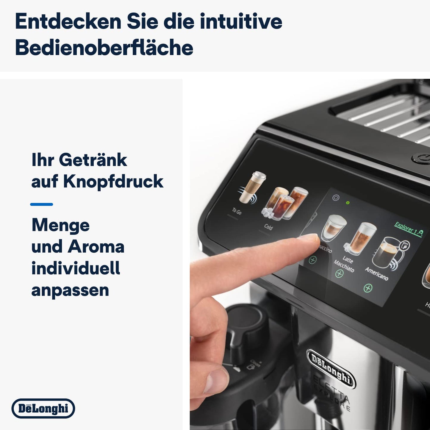 De'Longhi Eletta Explore ECAM452.67.G Kaffeevollautomat mit LatteCrema, Heiße & Kalte Getränke, 3,5" TFT Touchscreen, inkl. Kaffeekanne, Dunkelgrau