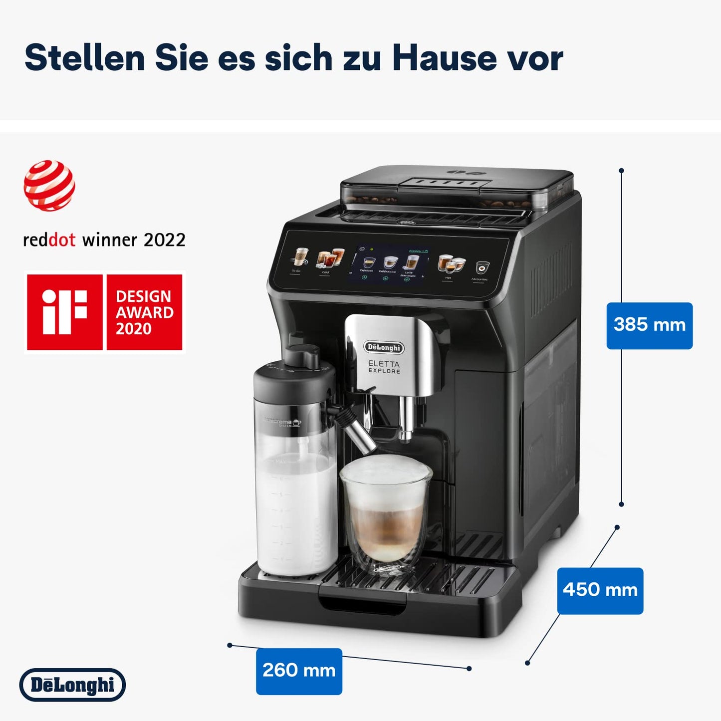 De'Longhi Eletta Explore ECAM452.67.G Kaffeevollautomat mit LatteCrema, Heiße & Kalte Getränke, 3,5" TFT Touchscreen, inkl. Kaffeekanne, Dunkelgrau