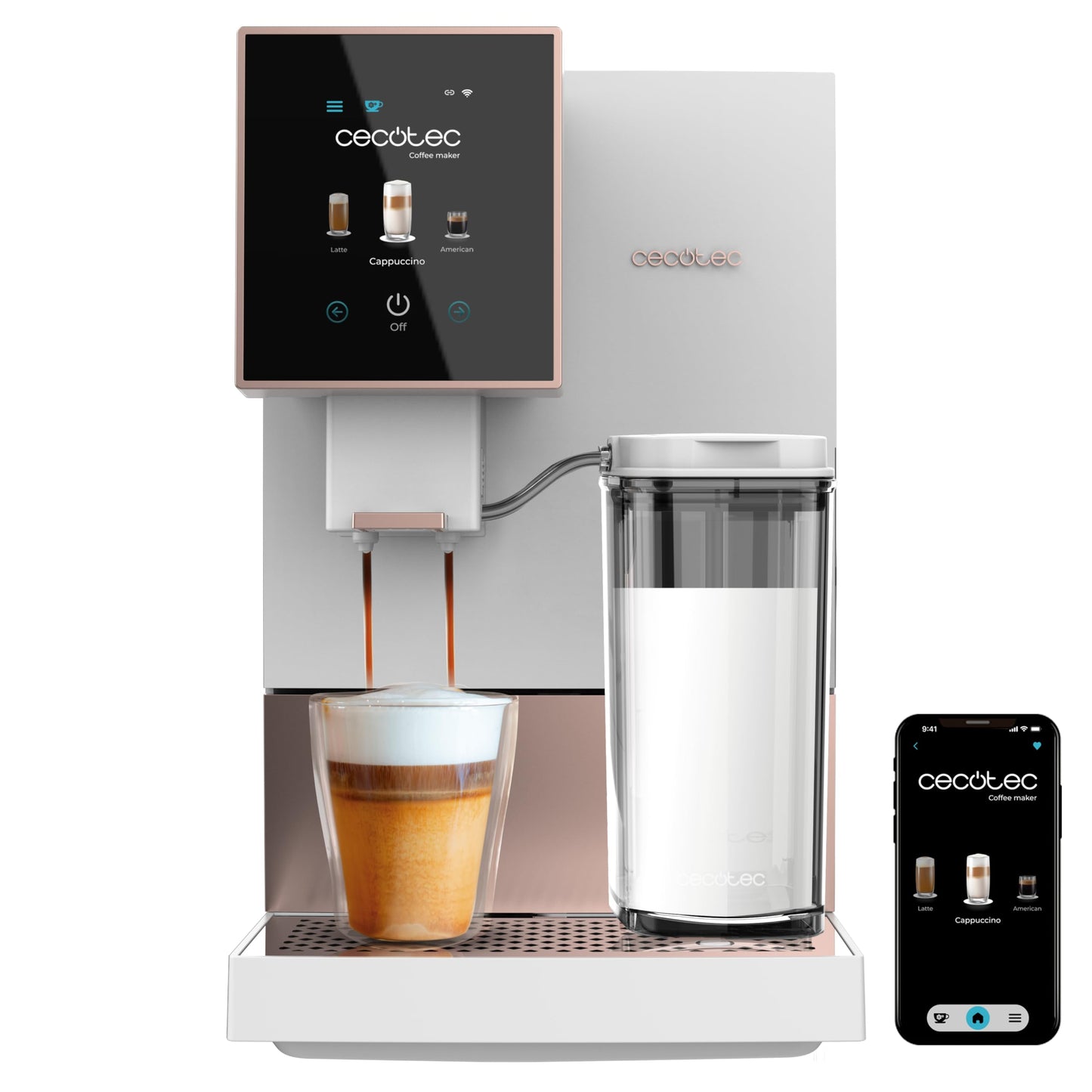 Cecotec Cremmaet Compactccino Kaffeevollautomat, 19 Bar, Thermoblock, Bohnenmahlwerk 150 g, 1,1 L Wassertank, 400 ml Milchbehälter, Black Rose
