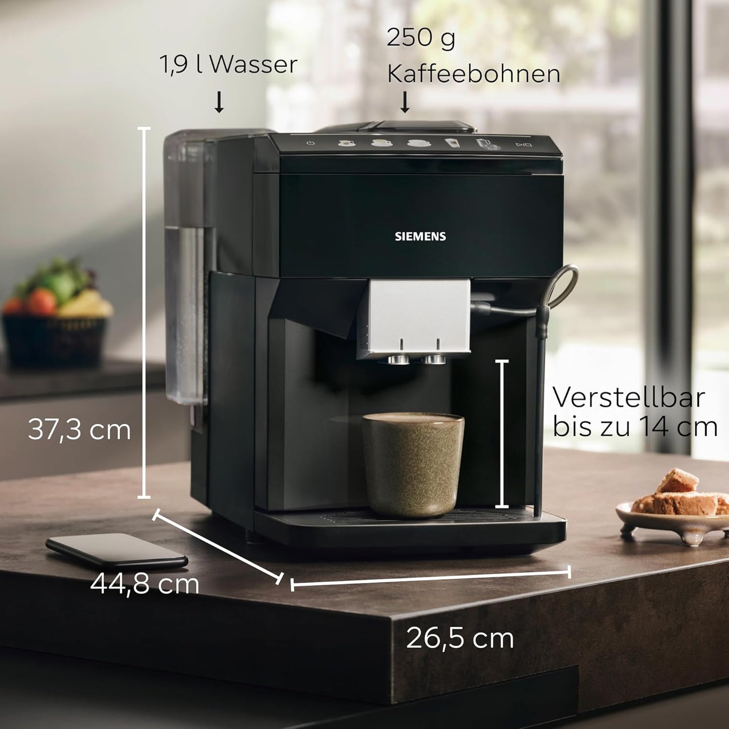 Siemens EQ500 TP511E19 Kaffeevollautomat, App-Steuerung, Cold Brew, Vollfarbdisplay, Doppeltassenfunktion, Auto-Dampfreinigung, Schwarz