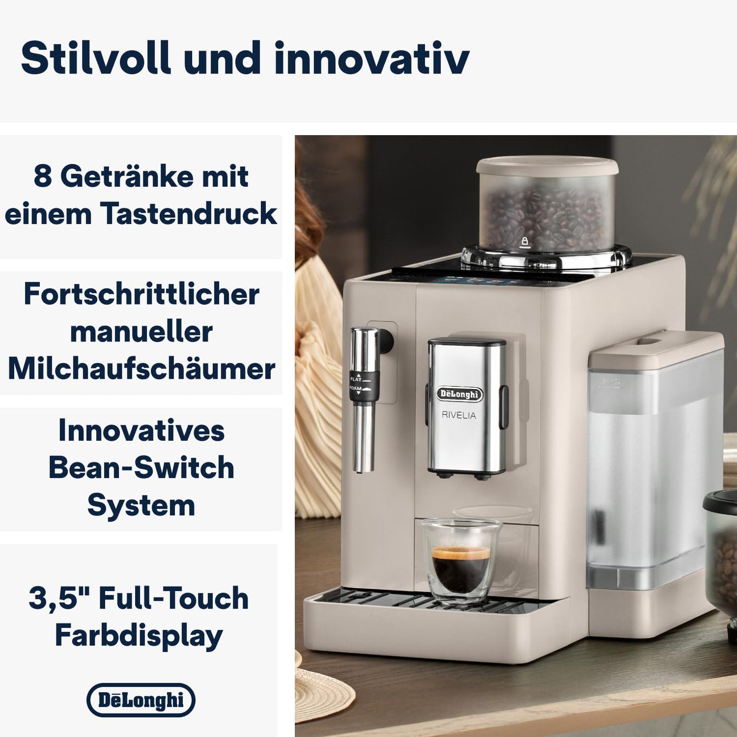 De'Longhi Rivelia EXAM440.55.W Kaffeevollautomat, LatteCrema Milchsystem, Wechselbarer Bohnenbehälter, 16 Getränke