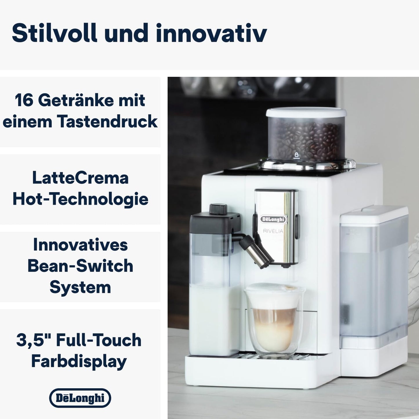 De'Longhi Rivelia EXAM440.55.W Kaffeevollautomat, LatteCrema Milchsystem, Wechselbarer Bohnenbehälter, 16 Getränke
