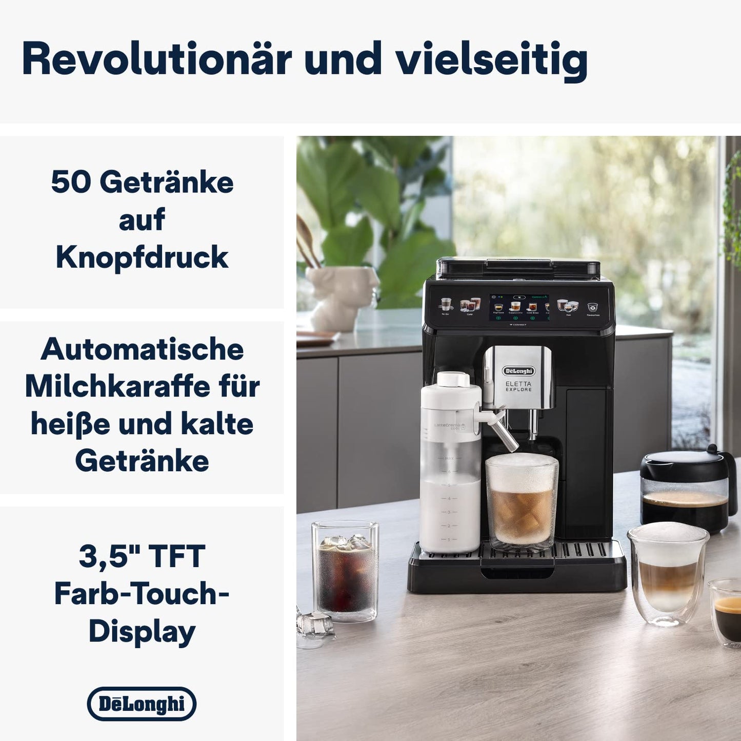 De'Longhi Eletta Explore ECAM452.67.G Kaffeevollautomat mit LatteCrema, Heiße & Kalte Getränke, 3,5" TFT Touchscreen, inkl. Kaffeekanne, Dunkelgrau
