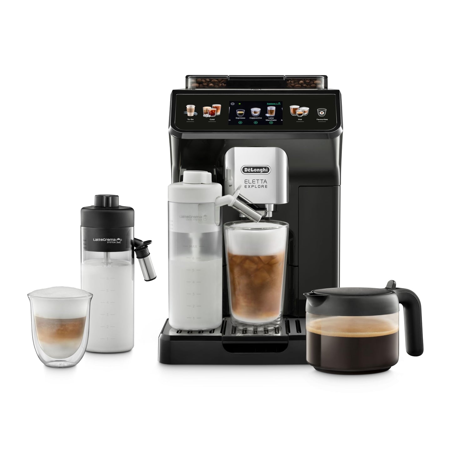 De'Longhi Eletta Explore ECAM452.67.G Kaffeevollautomat mit LatteCrema, Heiße & Kalte Getränke, 3,5" TFT Touchscreen, inkl. Kaffeekanne, Dunkelgrau