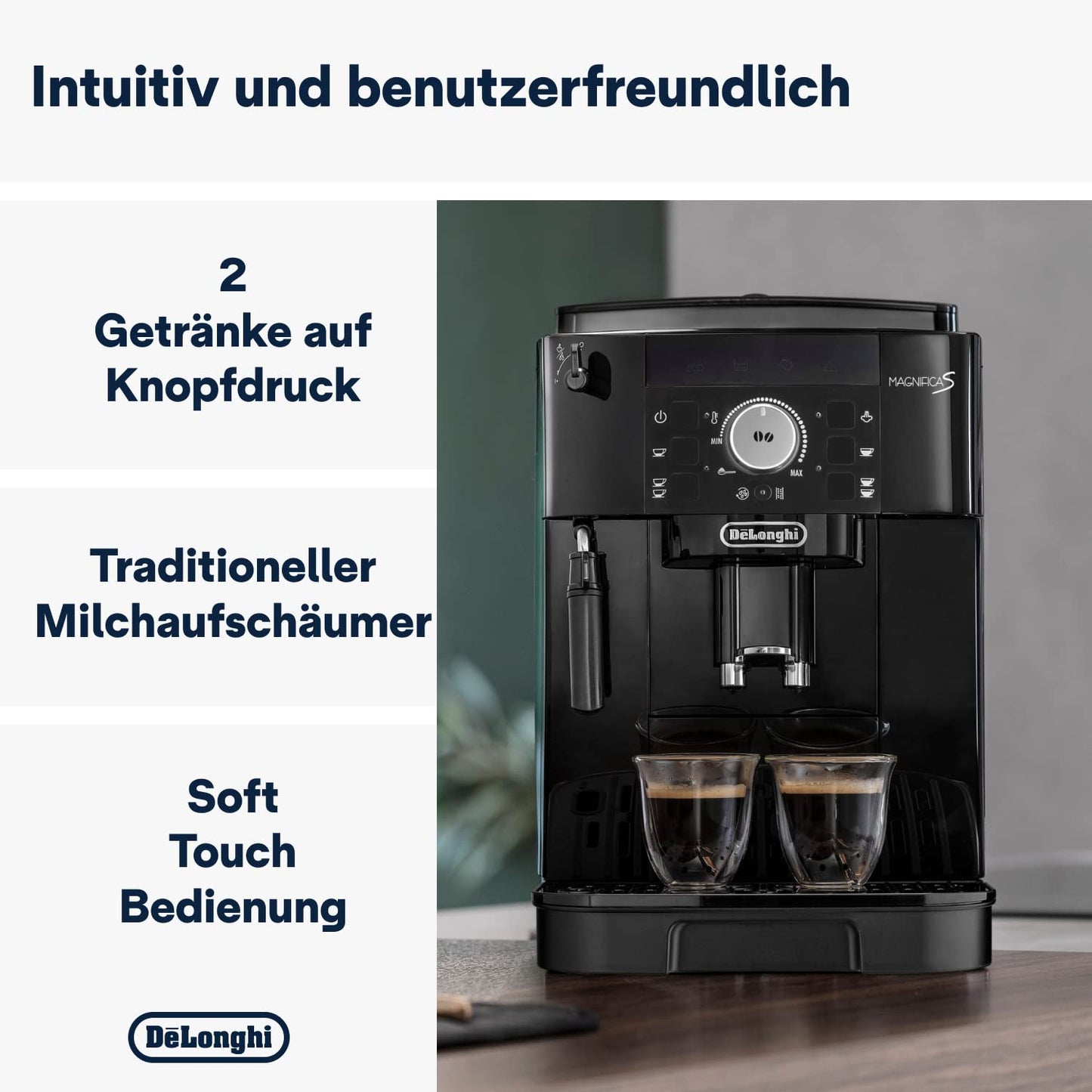 De'Longhi Magnifica S ECAM 22.110.B Kaffeevollautomat, Milchaufschäumer, Direktwahltasten, 2-Tassen-Funktion, 1,8 L Wassertank, Schwarz/Silber