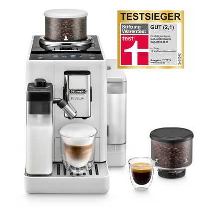 De'Longhi Rivelia EXAM440.55.W Kaffeevollautomat, LatteCrema Milchsystem, Wechselbarer Bohnenbehälter, 16 Getränke