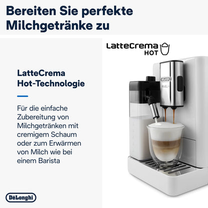 De'Longhi Rivelia EXAM440.55.W Kaffeevollautomat, LatteCrema Milchsystem, Wechselbarer Bohnenbehälter, 16 Getränke