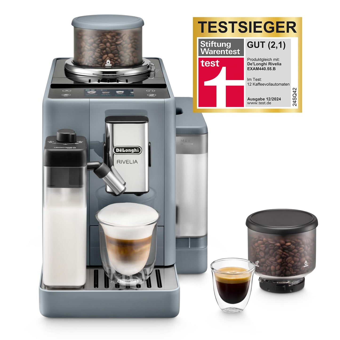 De'Longhi Rivelia EXAM440.55.W Kaffeevollautomat, LatteCrema Milchsystem, Wechselbarer Bohnenbehälter, 16 Getränke