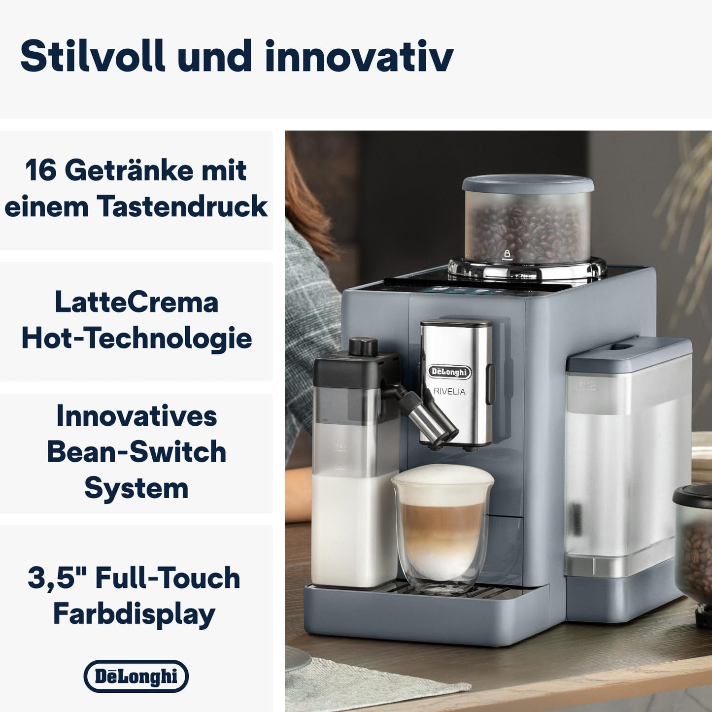 De'Longhi Rivelia EXAM440.55.W Kaffeevollautomat, LatteCrema Milchsystem, Wechselbarer Bohnenbehälter, 16 Getränke