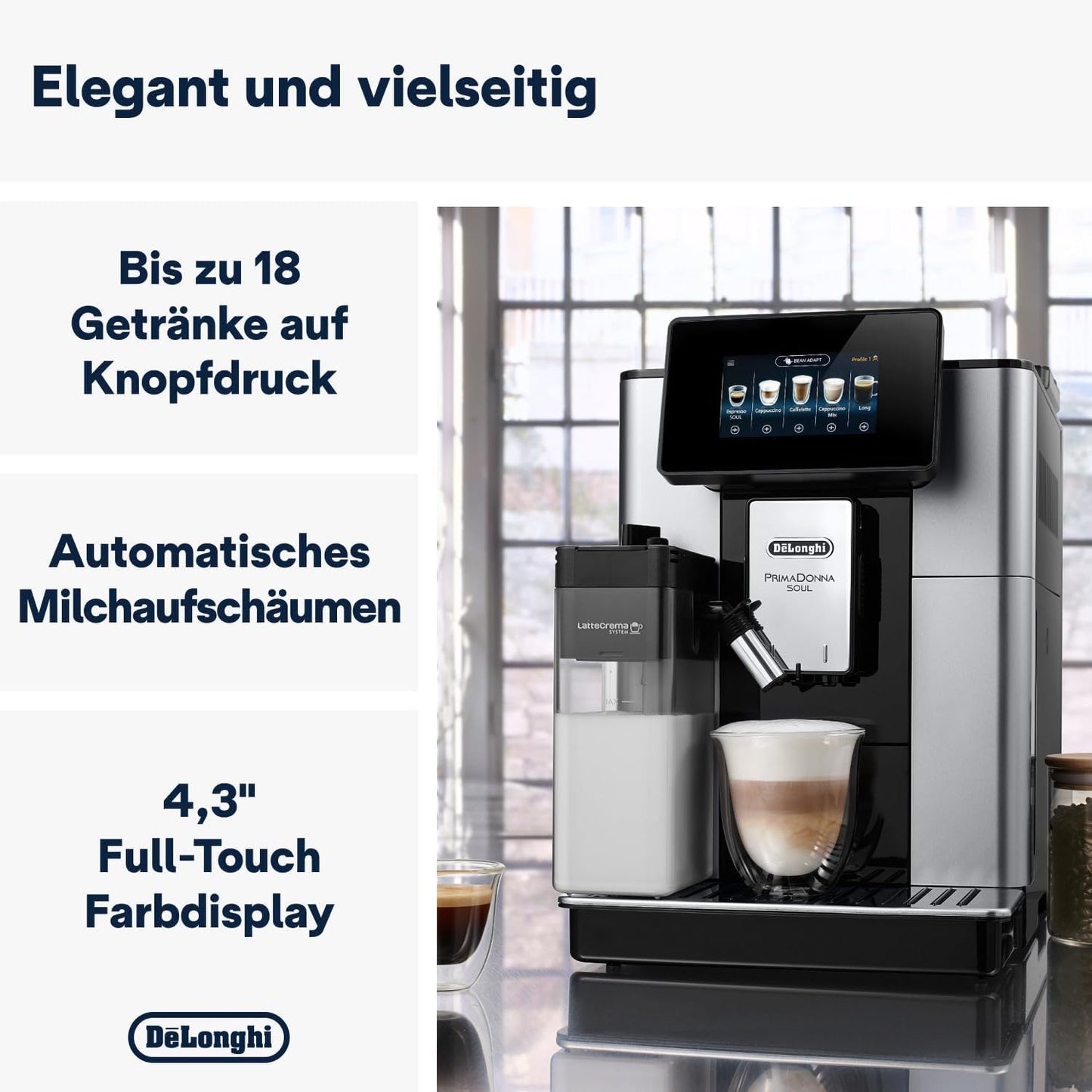 De'Longhi PrimaDonna Soul ECAM 612.55.SB – Vollautomatische Kaffeemaschine, LatteCrema-Milchsystem, Bean Adapt, 18 Rezepte