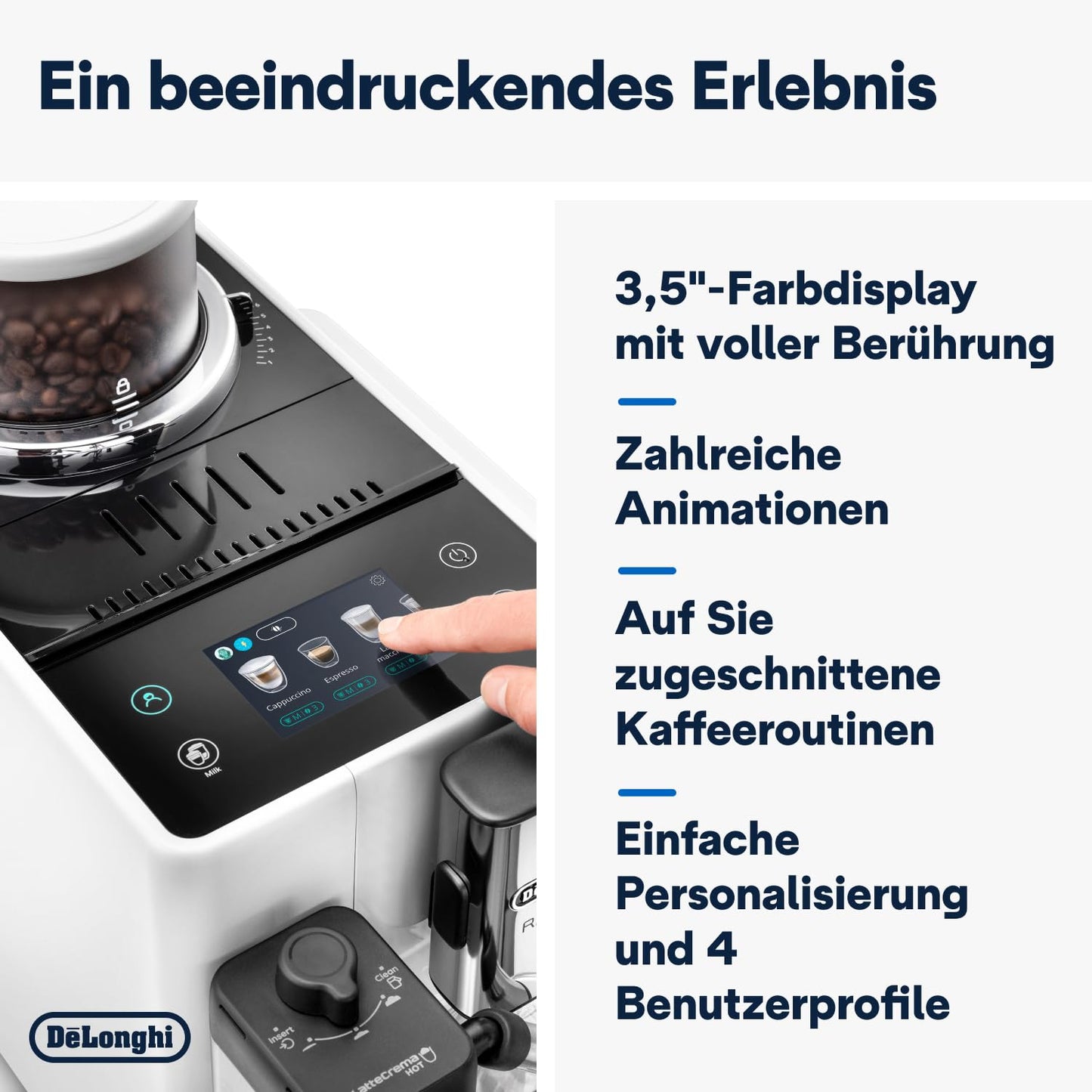 De'Longhi Rivelia EXAM440.55.W Kaffeevollautomat, LatteCrema Milchsystem, Wechselbarer Bohnenbehälter, 16 Getränke