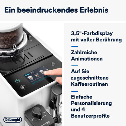 De'Longhi Rivelia EXAM440.55.W Kaffeevollautomat, LatteCrema Milchsystem, Wechselbarer Bohnenbehälter, 16 Getränke