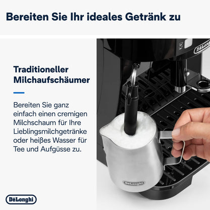 De'Longhi Magnifica S ECAM 22.110.B Kaffeevollautomat, Milchaufschäumer, Direktwahltasten, 2-Tassen-Funktion, 1,8 L Wassertank, Schwarz/Silber