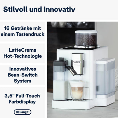 De'Longhi Rivelia EXAM440.55.W Kaffeevollautomat, LatteCrema Milchsystem, Wechselbarer Bohnenbehälter, 16 Getränke