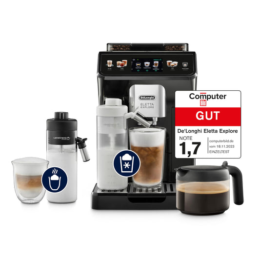 De'Longhi Eletta Explore ECAM452.67.G Kaffeevollautomat mit LatteCrema, Heiße & Kalte Getränke, 3,5" TFT Touchscreen, inkl. Kaffeekanne, Dunkelgrau