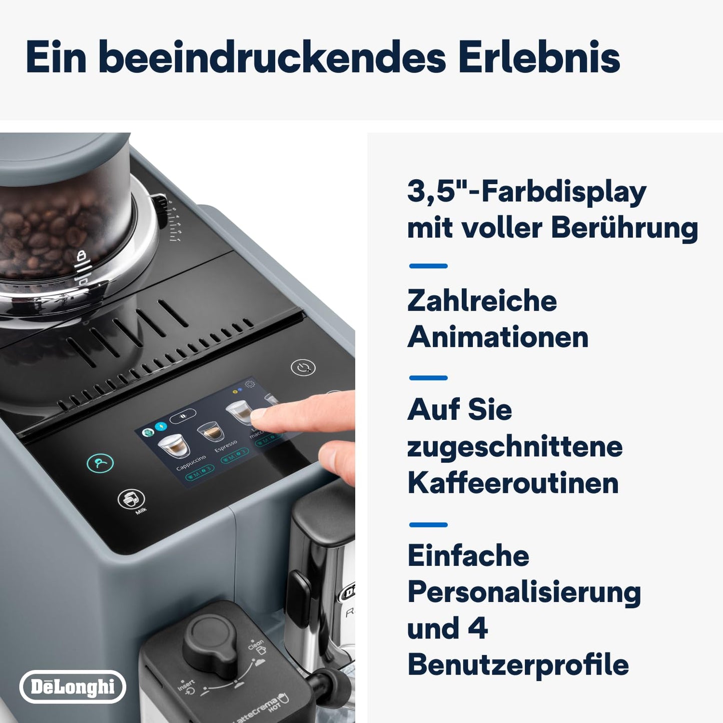 De'Longhi Rivelia EXAM440.55.W Kaffeevollautomat, LatteCrema Milchsystem, Wechselbarer Bohnenbehälter, 16 Getränke