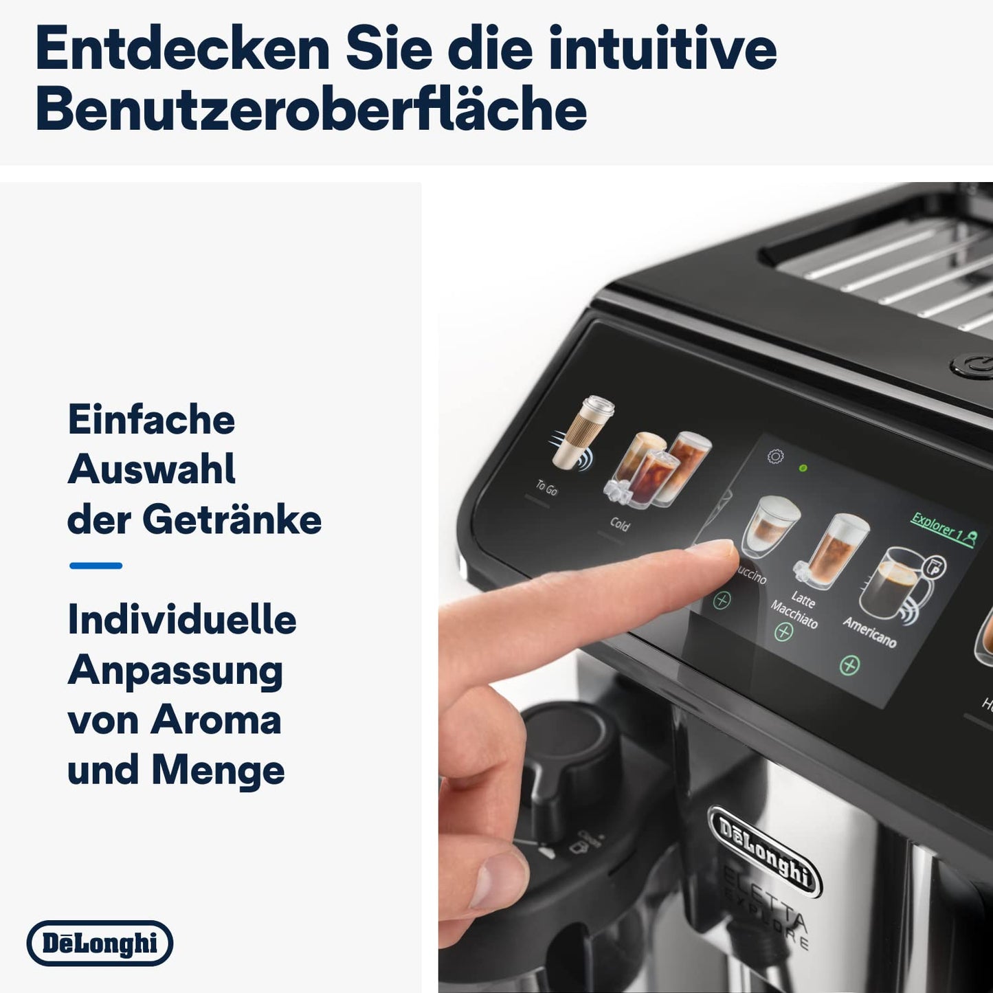 De'Longhi Eletta Explore ECAM452.67.G Kaffeevollautomat mit LatteCrema, Heiße & Kalte Getränke, 3,5" TFT Touchscreen, inkl. Kaffeekanne, Dunkelgrau